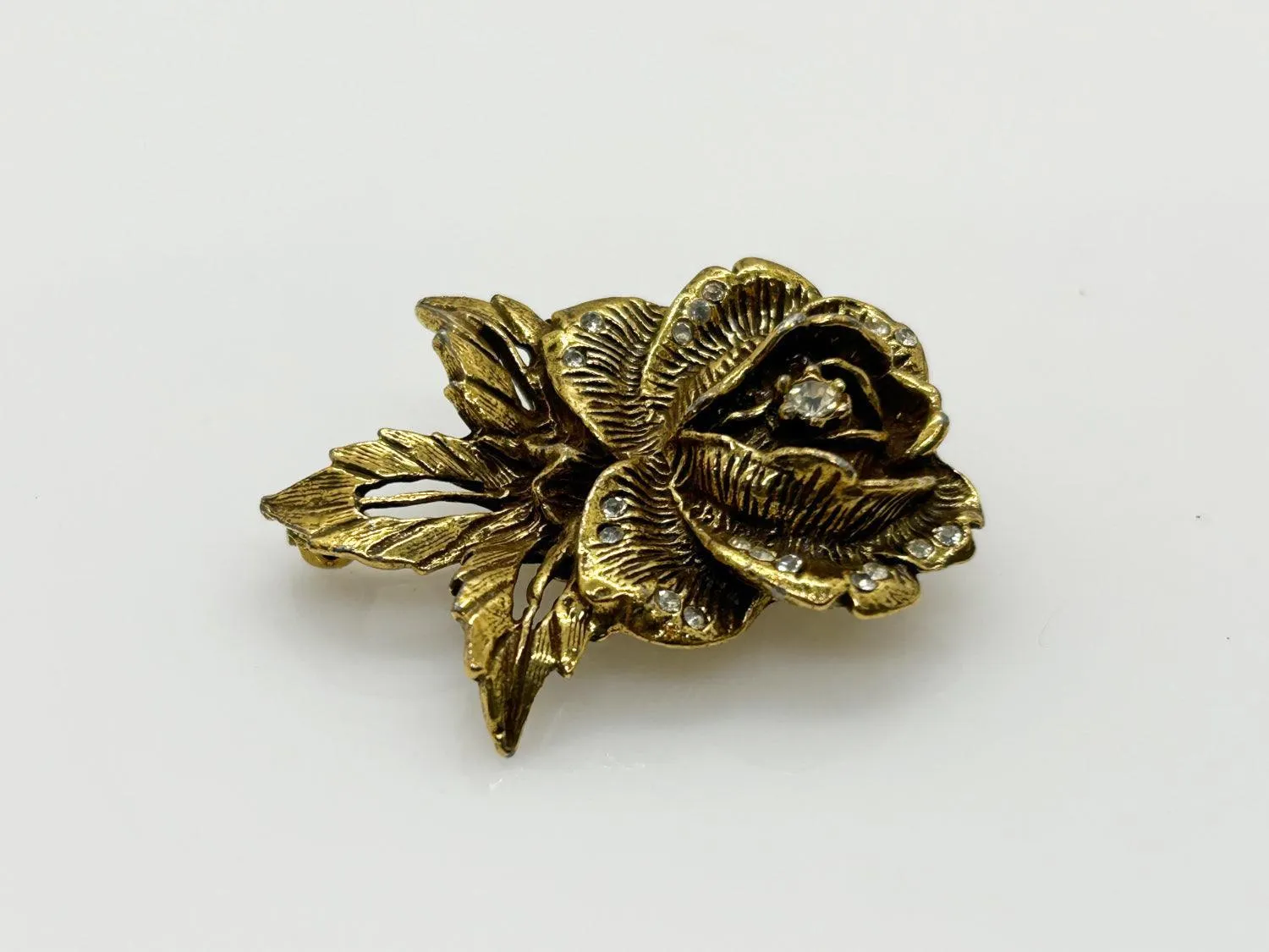 Vintage Goldette Rose Brooch with Rhinestones