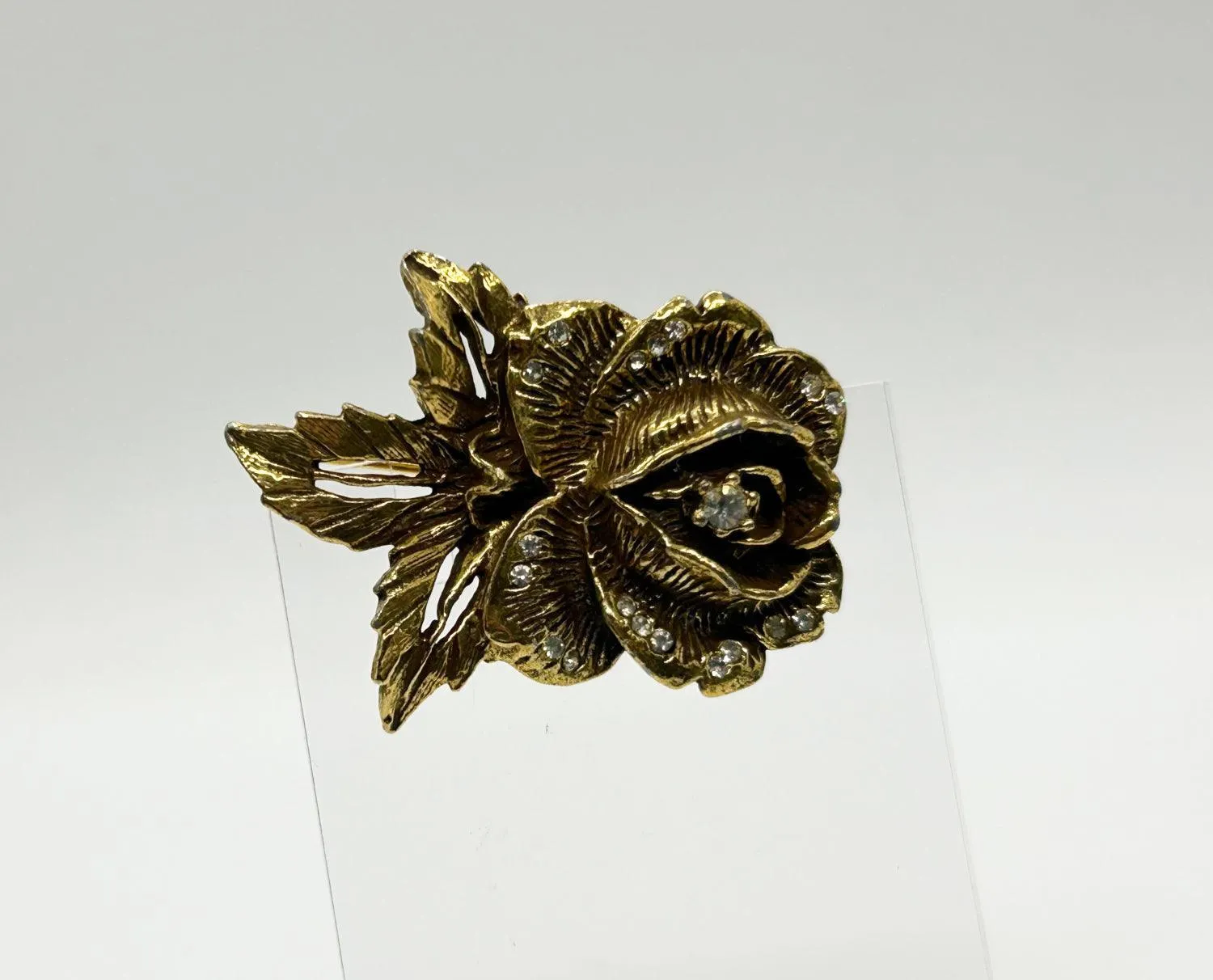 Vintage Goldette Rose Brooch with Rhinestones