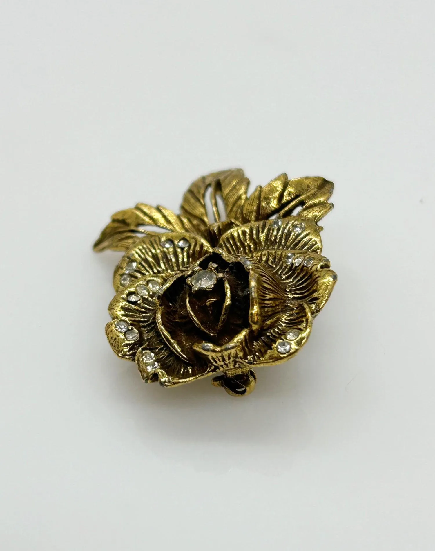 Vintage Goldette Rose Brooch with Rhinestones