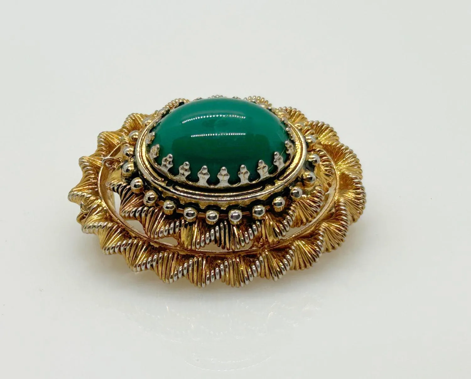 Vintage Green Oval Cabochon Brooch with Textured Setting