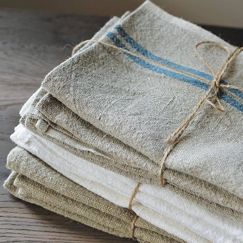 Vintage Linen Kitchen Towels Natural & Blue, Set of 2