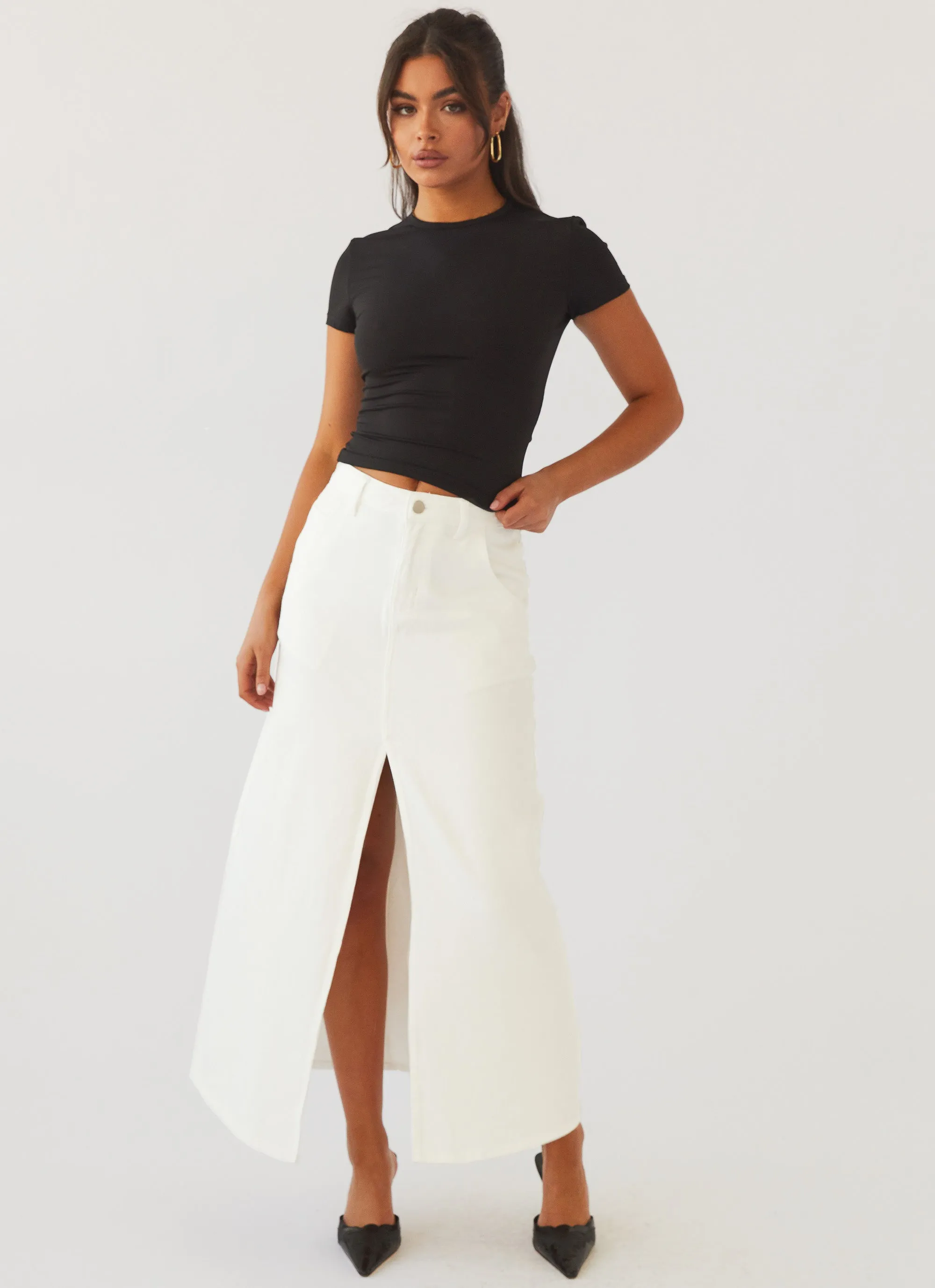 Walk This Way Denim Maxi Skirt - Bone