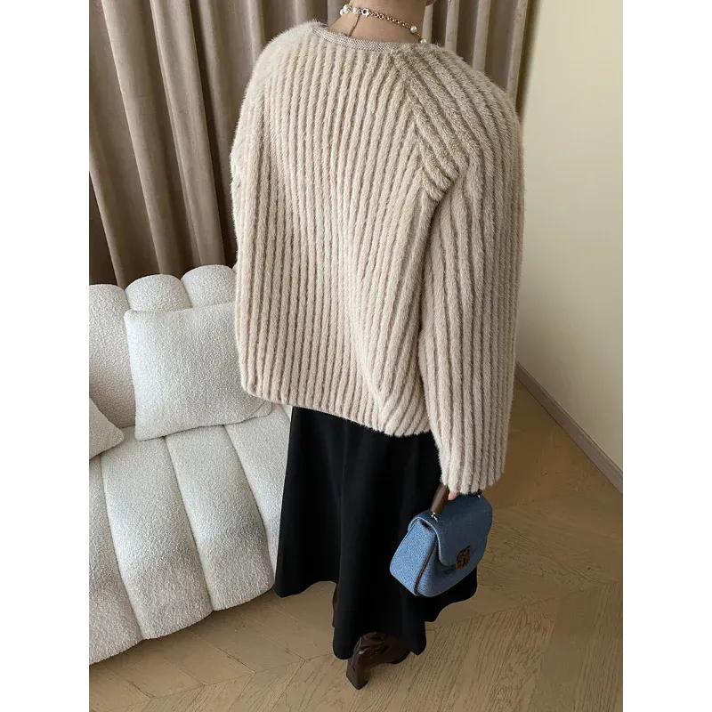 Water Ripple Luxury French Fake Fur Gray Women Coat Small Fragrance Loose Simple Long Sleeve O Neck Elegant Chic Casual Coat