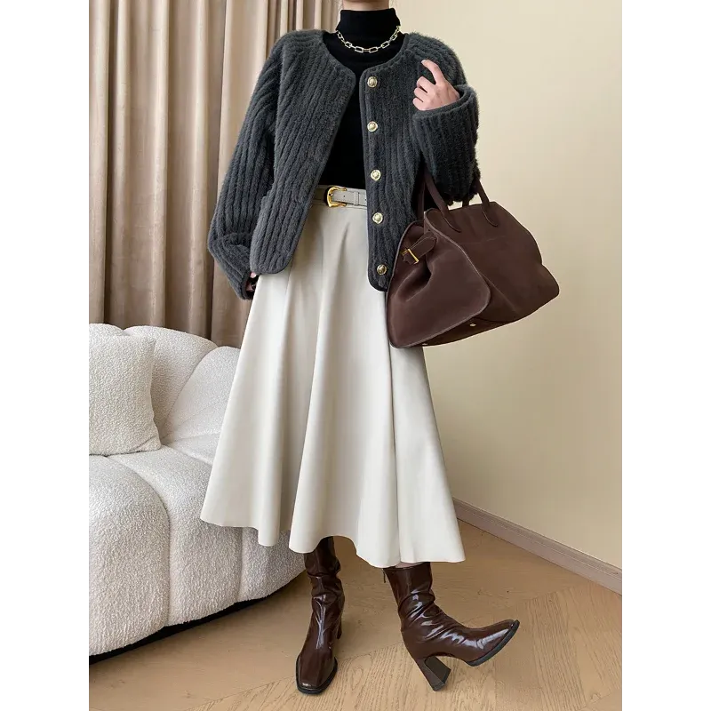 Water Ripple Luxury French Fake Fur Gray Women Coat Small Fragrance Loose Simple Long Sleeve O Neck Elegant Chic Casual Coat