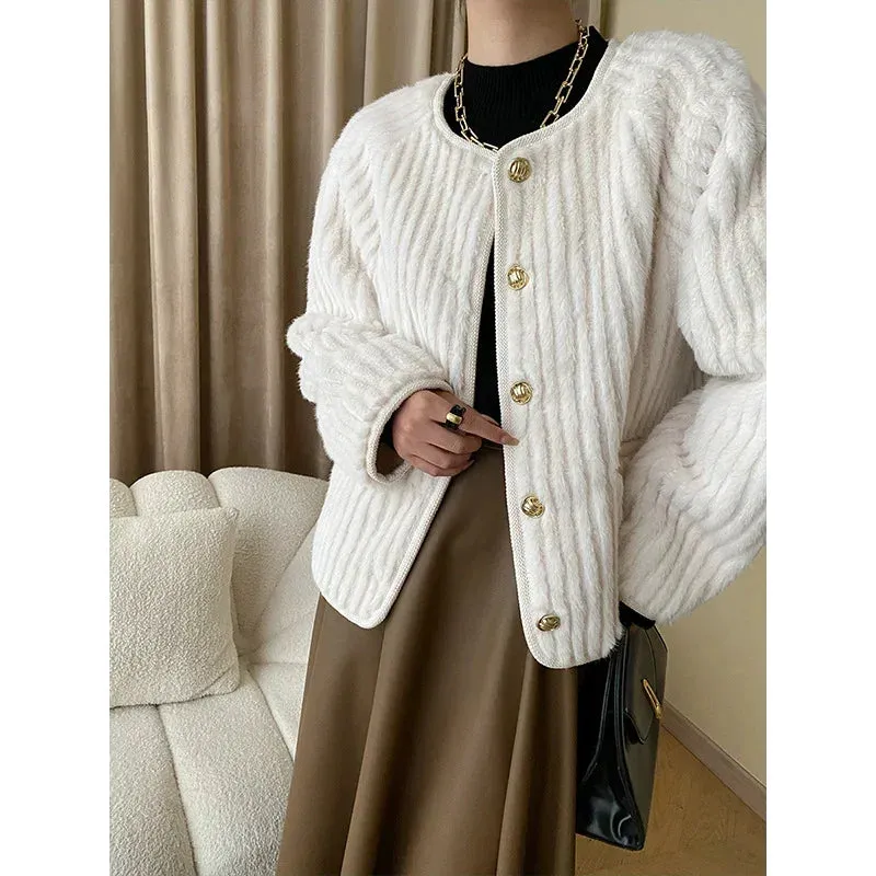 Water Ripple Luxury French Fake Fur Gray Women Coat Small Fragrance Loose Simple Long Sleeve O Neck Elegant Chic Casual Coat