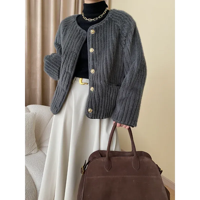 Water Ripple Luxury French Fake Fur Gray Women Coat Small Fragrance Loose Simple Long Sleeve O Neck Elegant Chic Casual Coat