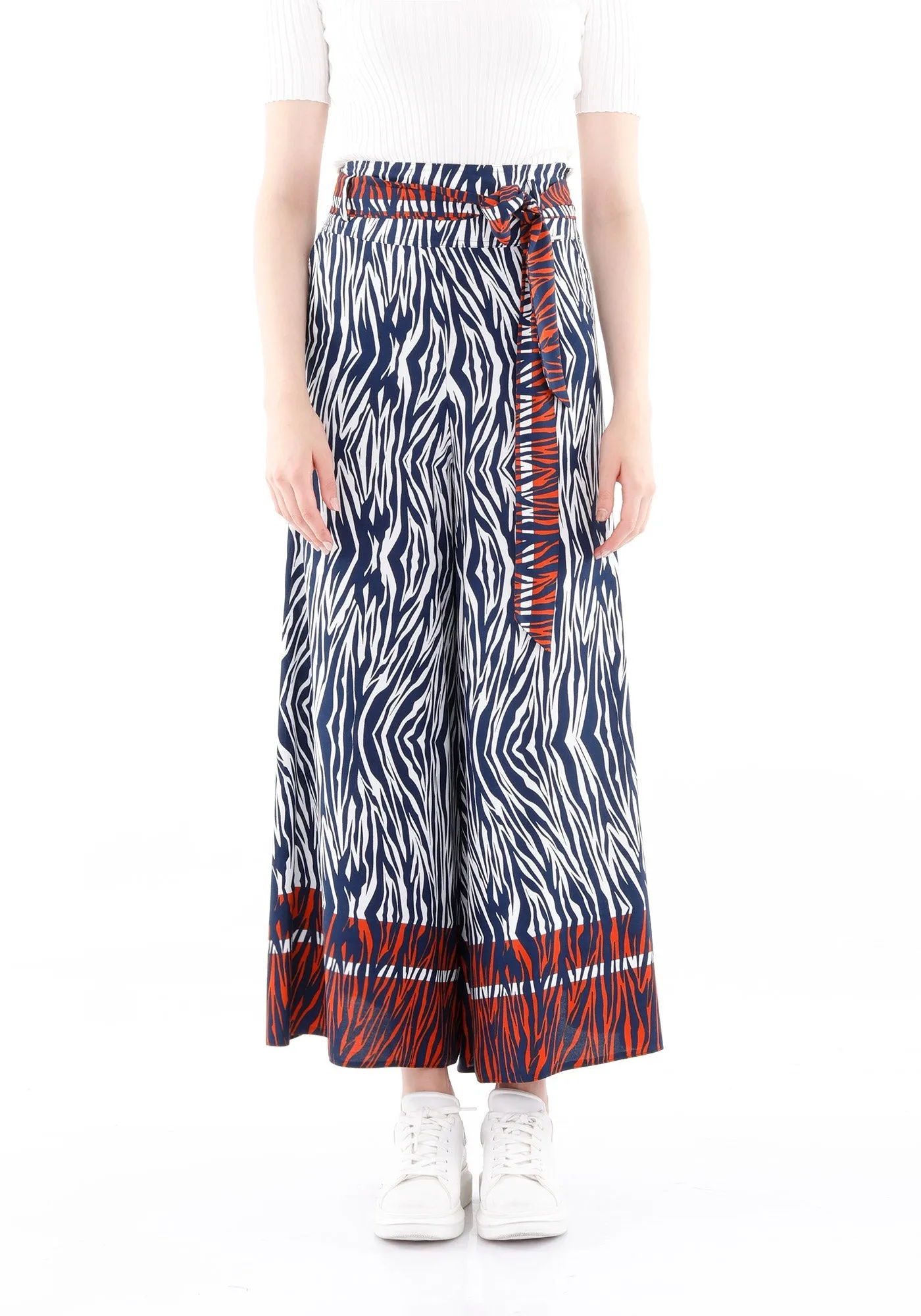 Wheel Tiger Pattern Palazzo Pants with Pockets and Belt