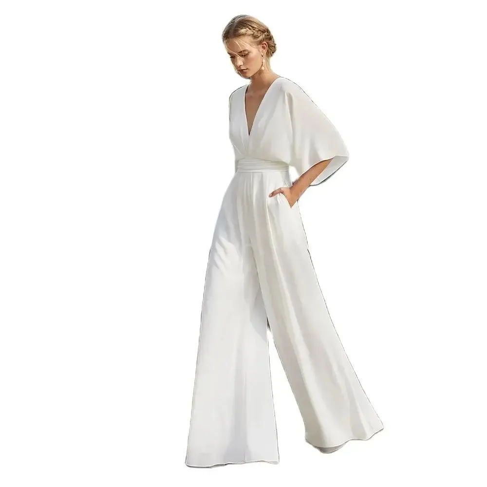 White V-Neck Jumpsuit Wedding Dress Boho Bridal Pantsuit for Beach Weddings