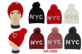 Wholesale Skull Ski PULL ON Hats NYC Stone W/POM Fur Lining AA1088