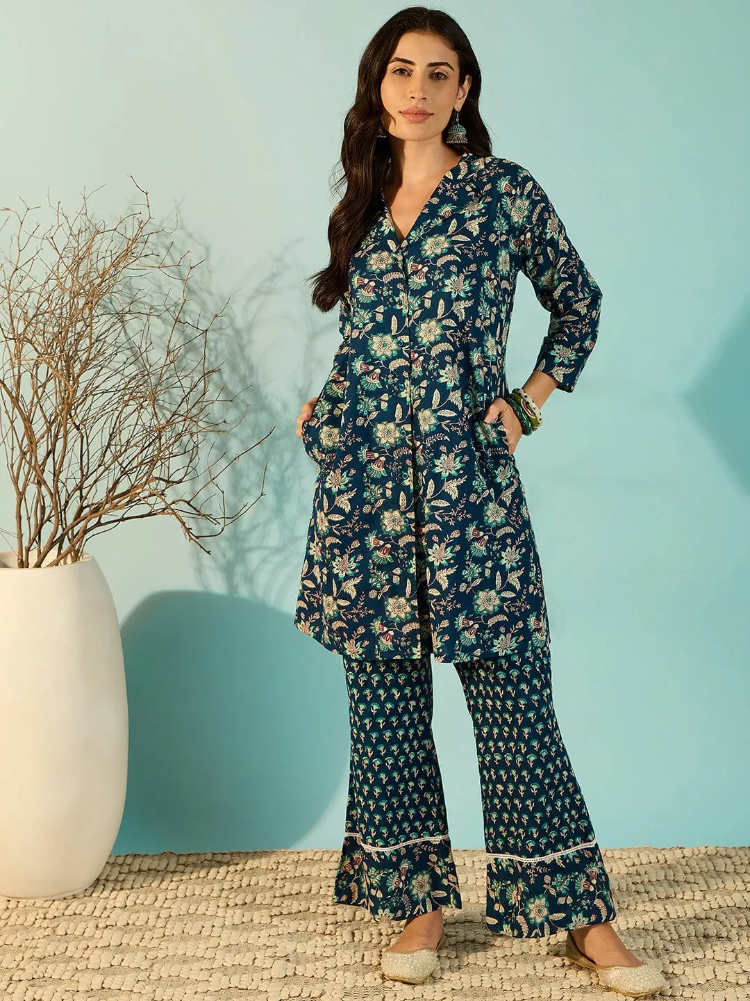 Women Blue Stylish Cotton Shirt And Pant Co-Ord Set