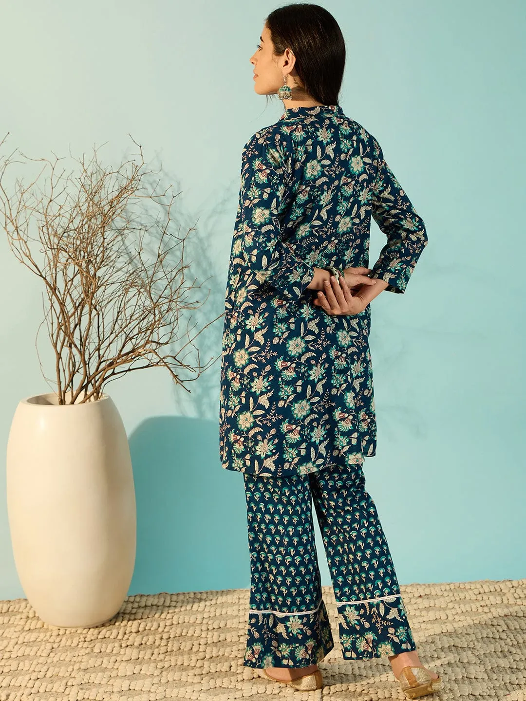 Women Blue Stylish Cotton Shirt And Pant Co-Ord Set