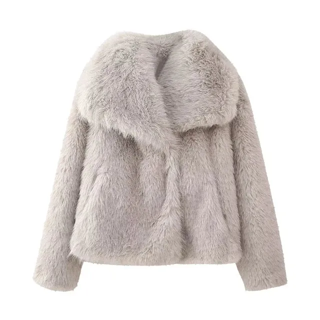 Women Casual Faux Fur Jackets Turn Down Collar Elegant Thick Coat