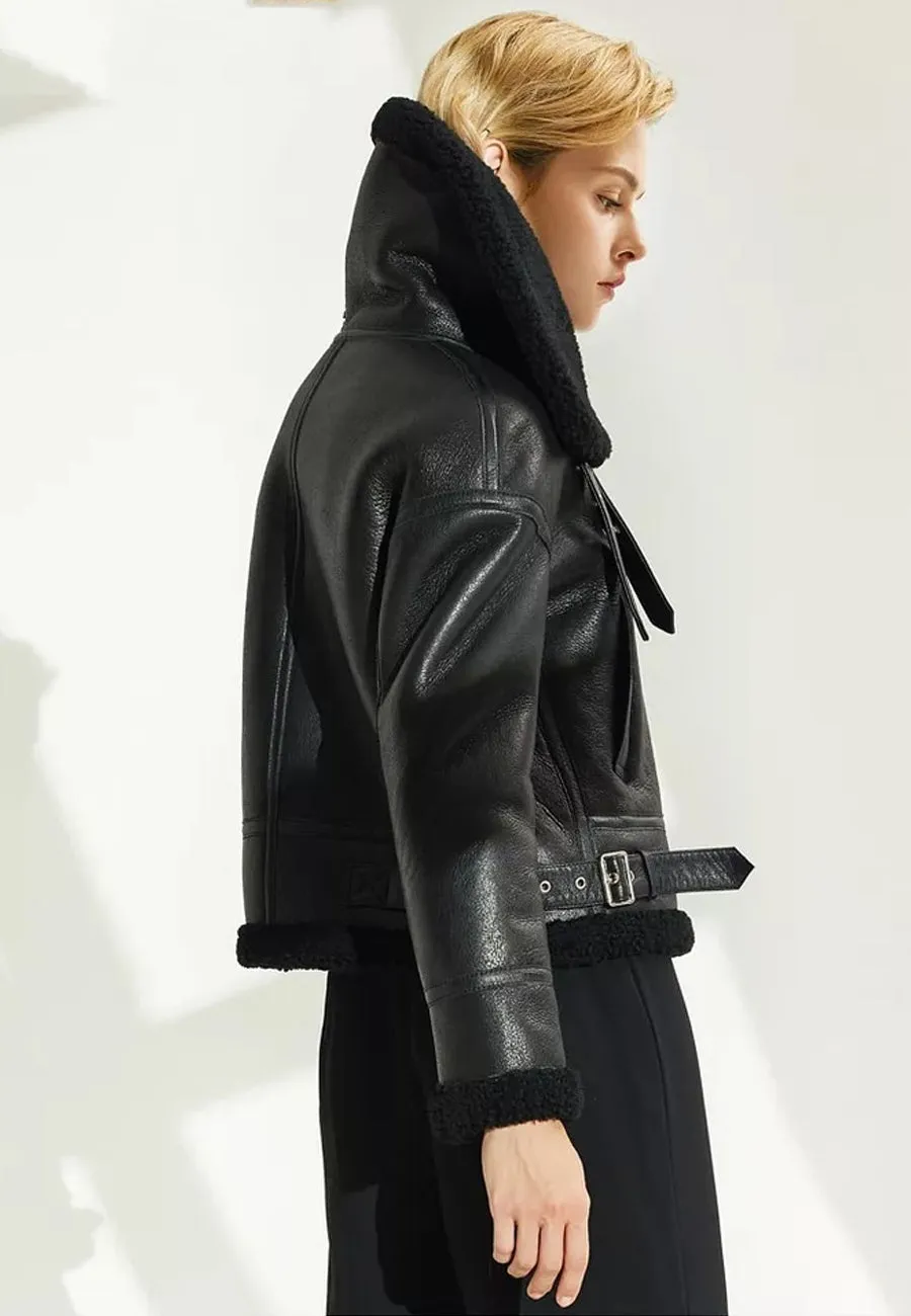 Women's Black Leather Shearling Jacket with Big Collar