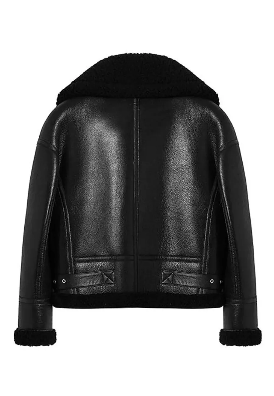 Women's Black Leather Shearling Jacket with Big Collar