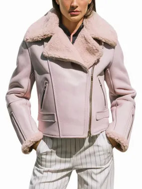 Women's Pastel Pink Genuine Shearling Couture Biker Jacket