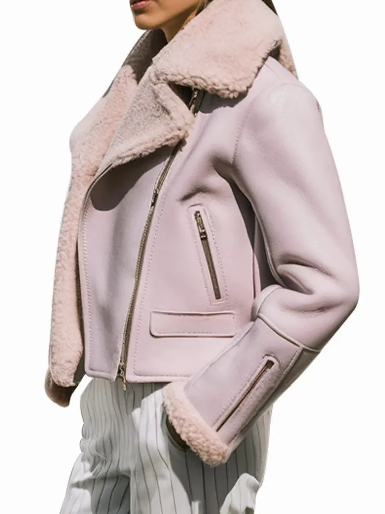 Women's Pastel Pink Genuine Shearling Couture Biker Jacket