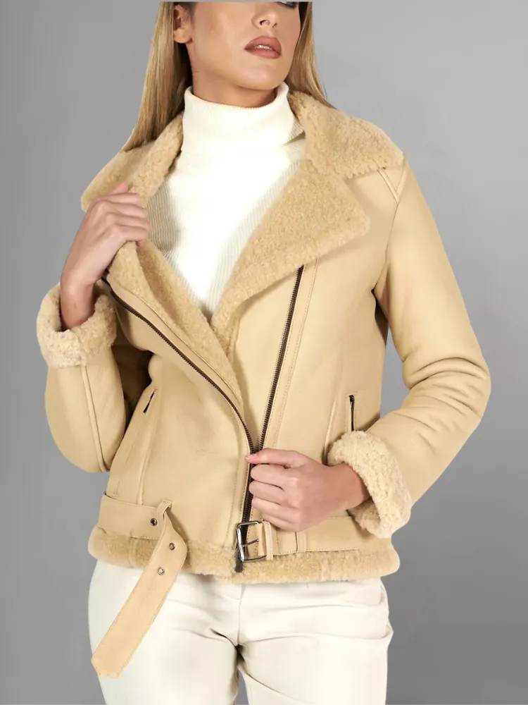 Womens Tan Brown Shearling Leather Jacket