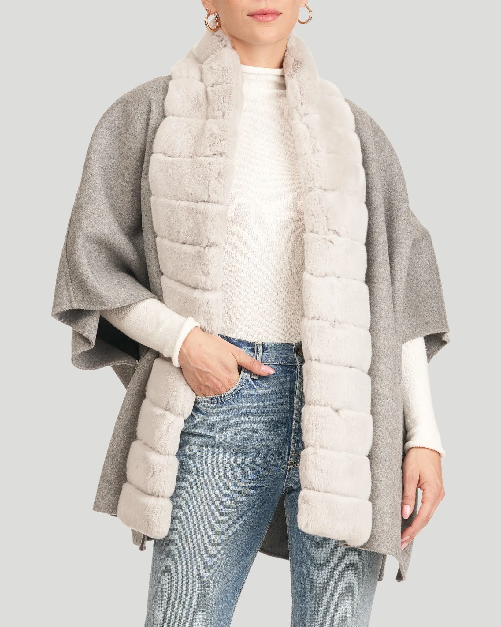 Wool Cape with Rex Rabbit Fur Trim