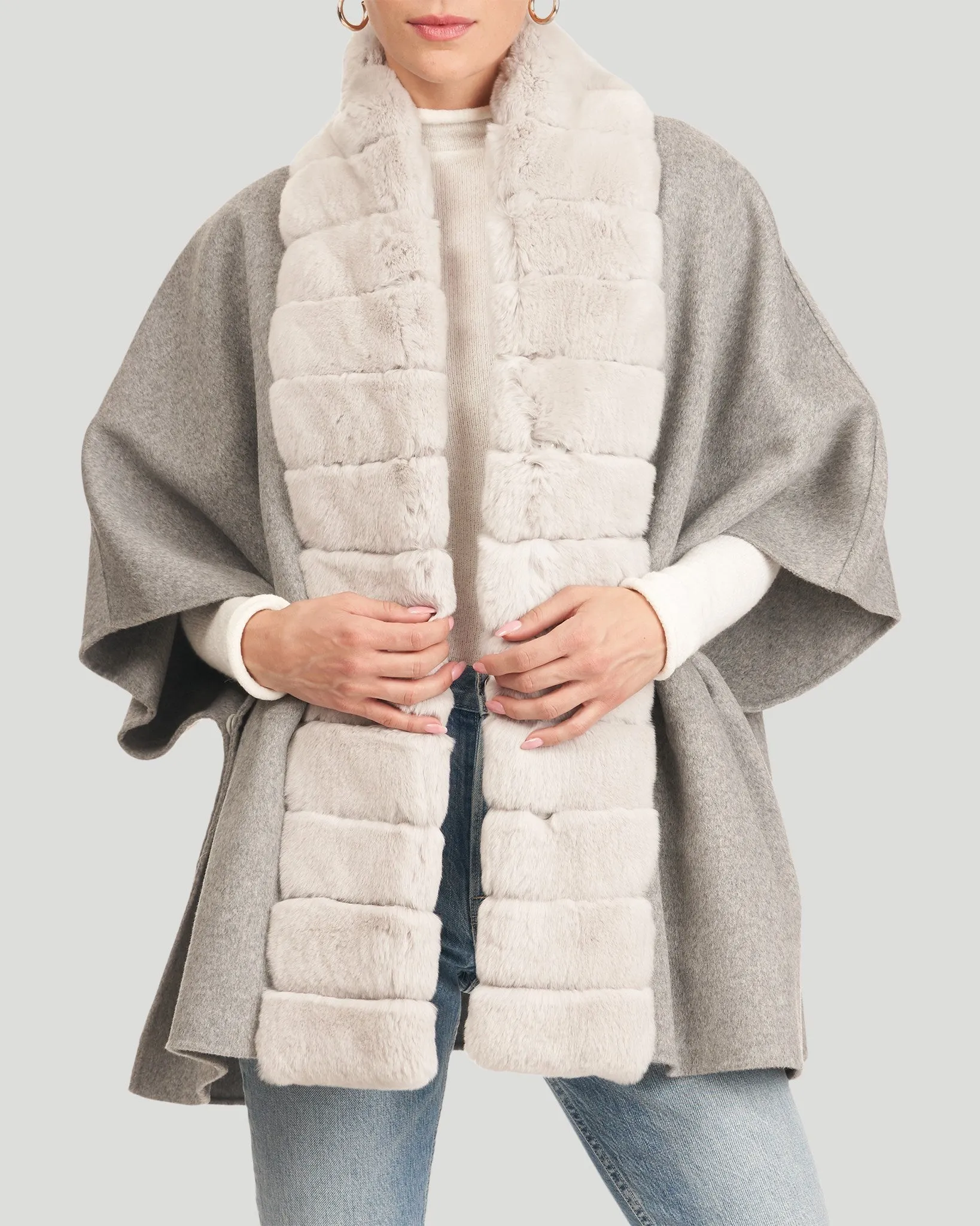 Wool Cape with Rex Rabbit Fur Trim