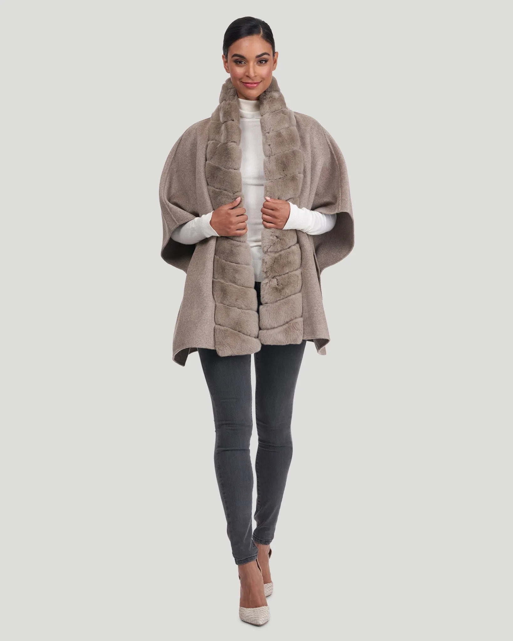 Wool Cape with Rex Rabbit Fur Trim