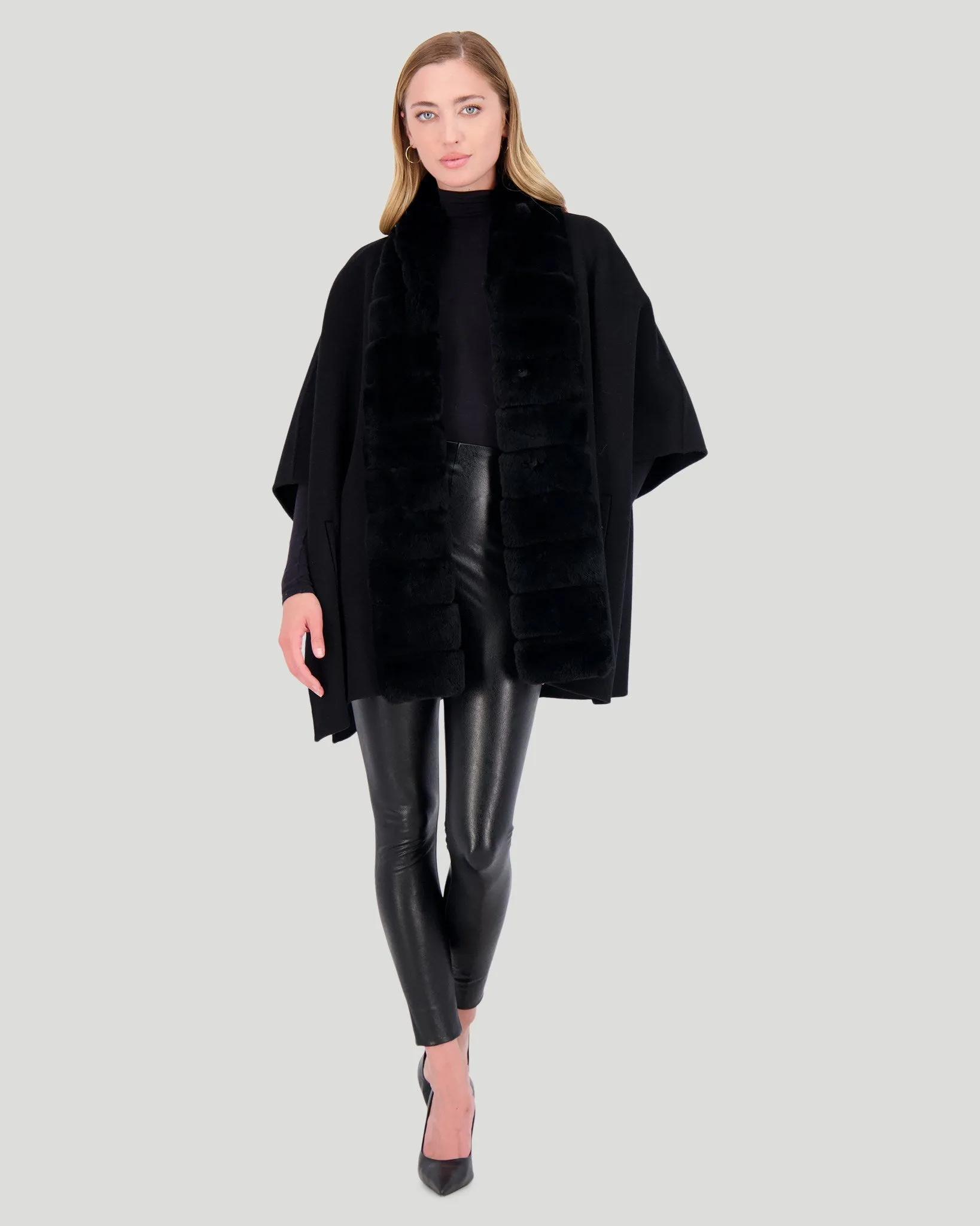 Wool Cape with Rex Rabbit Fur Trim