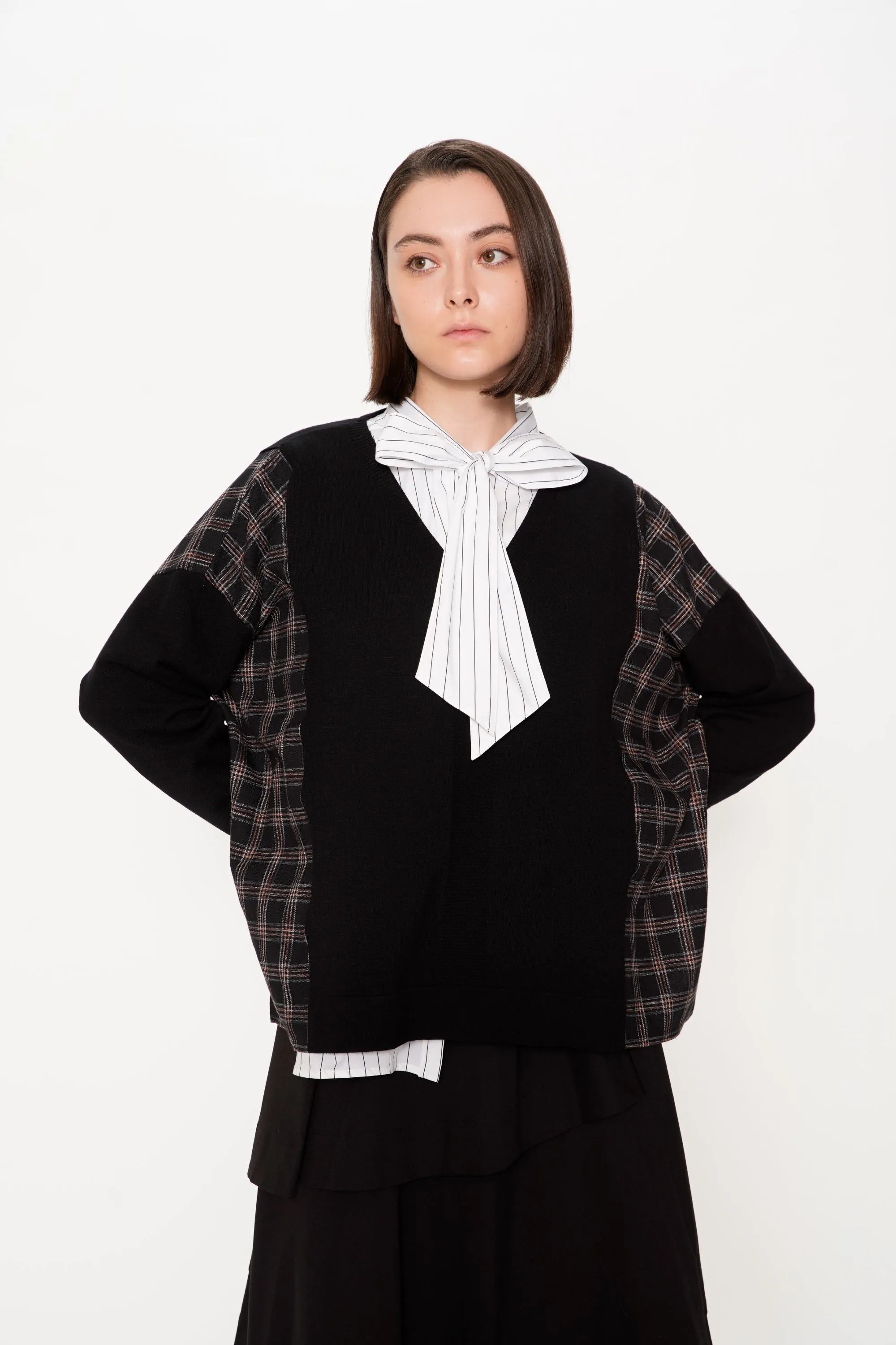 Xmas Capsule- Athena Check Side V Neck Knit Top