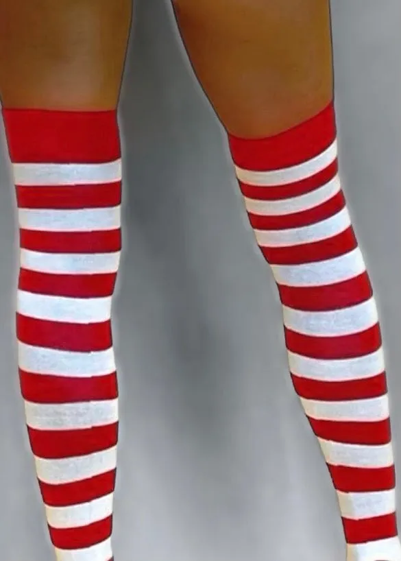 Y2K Coquette Stripe Thigh High Knit Socks | Red & White