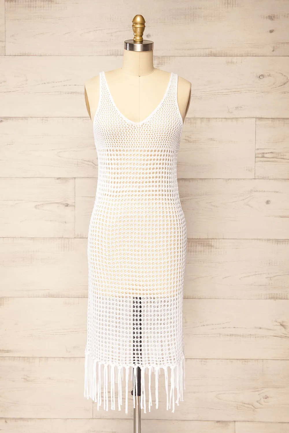 Yeri | White Crochet Midi Dress w/ Fringes