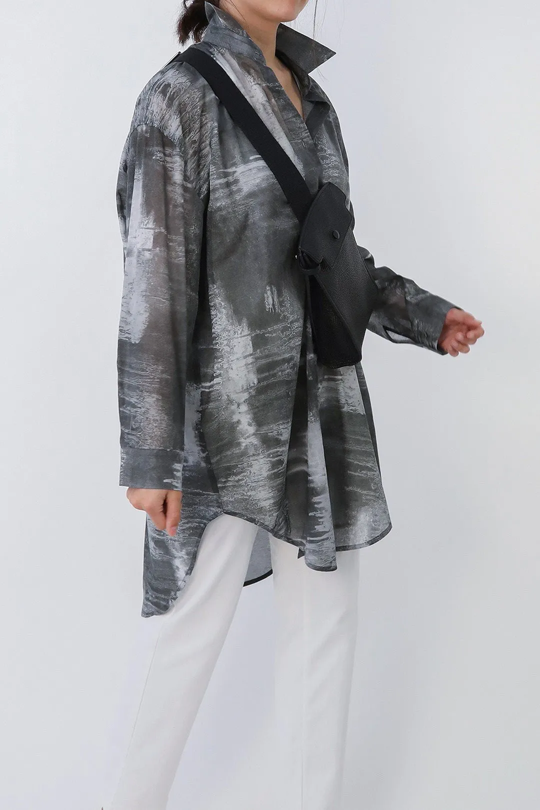 ZURI ONE-SIZE LAYERED TUNIC SHIRT IN ITALIAN COTTON VOILE GREY STORM